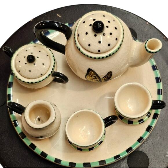 Butterfly Pattern Mini Tea Set Teapot Cream Sugar 2 Tea Cups with Saucers - Picture 8 of 10